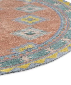 Miss Amara All Rugs Ariel Peach And Blue Multi-Colour Diamond Tribal Round Rug