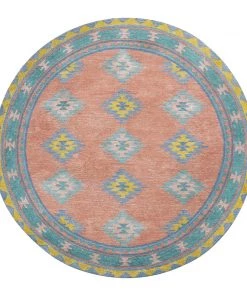 Miss Amara All Rugs Ariel Peach And Blue Multi-Colour Diamond Tribal Round Rug