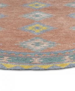 Miss Amara All Rugs Ariel Peach And Blue Multi-Colour Diamond Tribal Round Rug