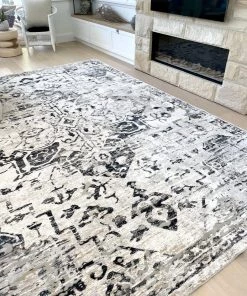 Miss Amara Bella Grey Ivory And Charcoal Traditional Distressed Rug