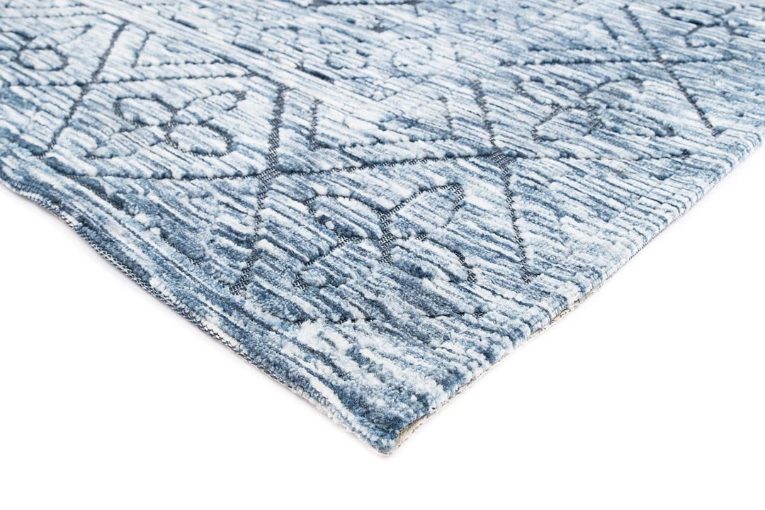 Miss Amara Darcy Blue Ivory And Charcoal Textured Tribal Rug