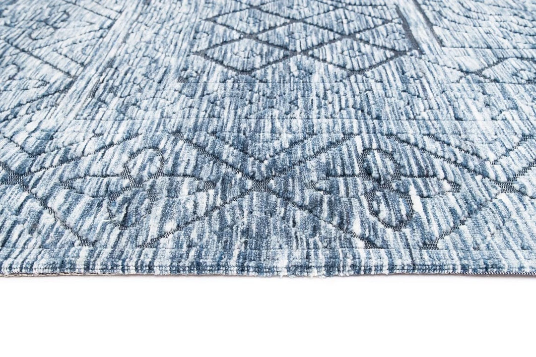 Miss Amara Darcy Blue Ivory And Charcoal Textured Tribal Runner Rug All Rugs