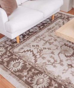 Miss Amara All Rugs Elsa Cream And Brown Traditional Bordered Floral Rug