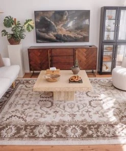Miss Amara All Rugs Elsa Cream And Brown Traditional Bordered Floral Rug