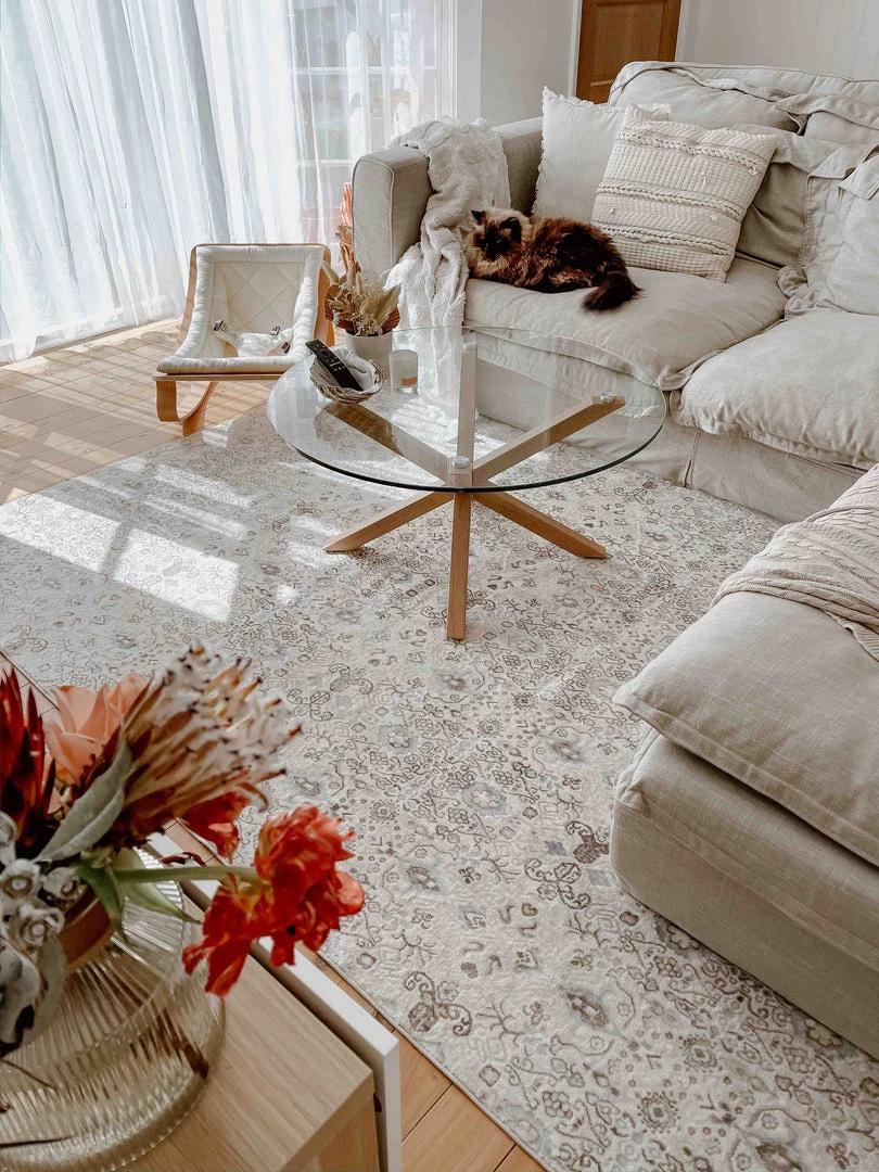 Miss Amara All Rugs Evie Cream Grey And Blue Traditional Floral Rug