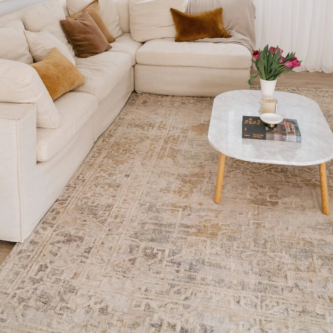 Miss Amara Iggie Mustard Ivory And Beige Floral Distressed Rug All Rugs
