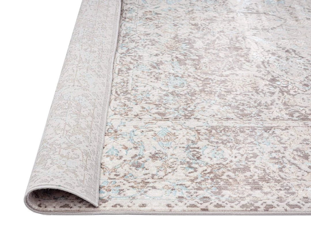 Miss Amara All Rugs Isla Cream Grey And Blue Traditional Bordered Floral Rug