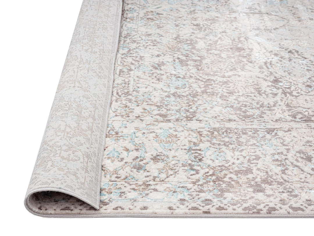 Miss Amara Isla Cream Grey And Blue Traditional Bordered Floral Runner Rug All Rugs