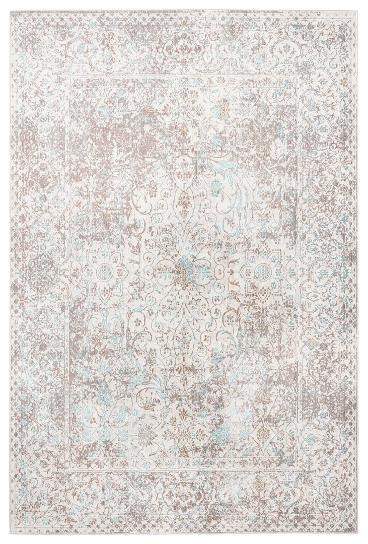 Miss Amara All Rugs Isla Cream Grey And Blue Traditional Bordered Floral Rug