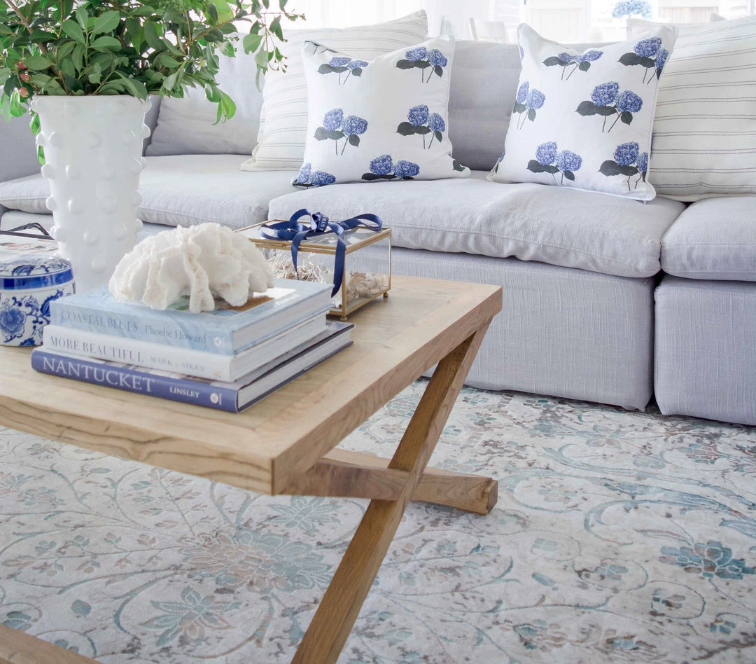 Miss Amara All Rugs Isla Cream Grey And Blue Traditional Bordered Floral Rug