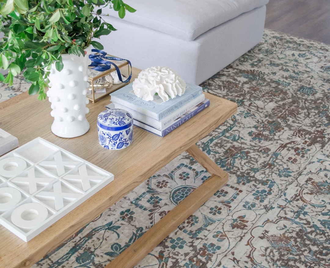 Miss Amara All Rugs Isla Cream Grey And Blue Traditional Bordered Floral Rug