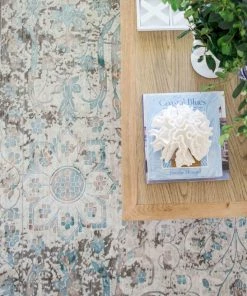 Miss Amara All Rugs Isla Cream Grey And Blue Traditional Bordered Floral Rug