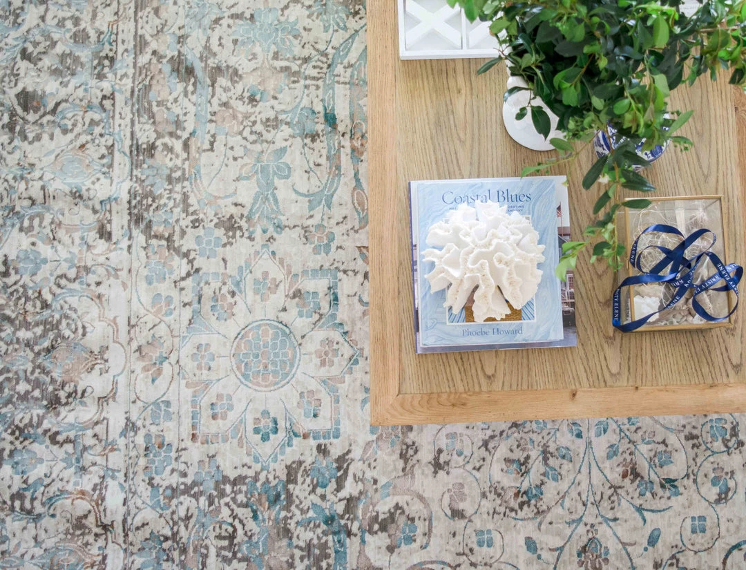 Miss Amara All Rugs Isla Cream Grey And Blue Traditional Bordered Floral Rug