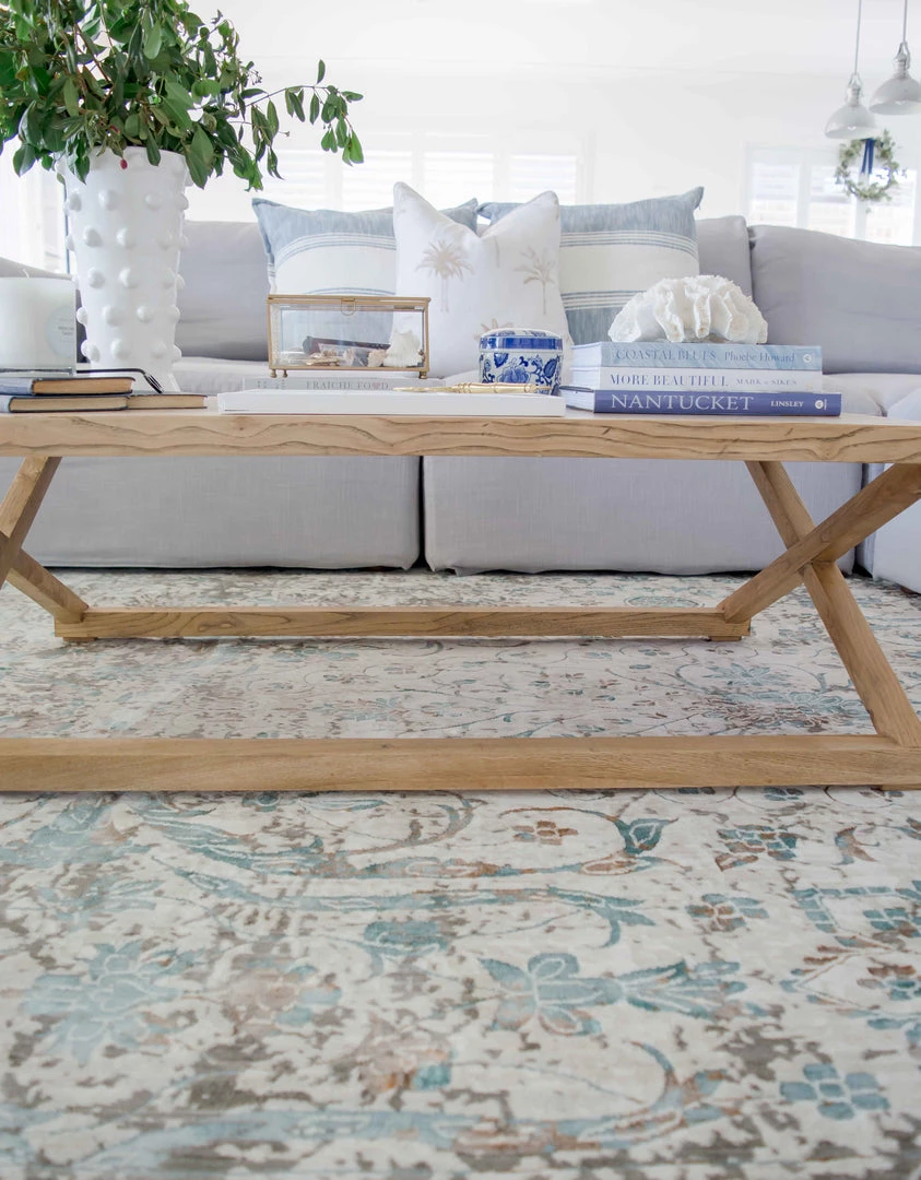 Miss Amara All Rugs Isla Cream Grey And Blue Traditional Bordered Floral Rug