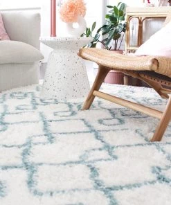 Miss Amara Jaira Ivory And Turquoise Blue Tribal Shag Rug