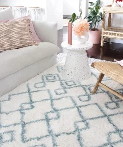 Miss Amara Jaira Ivory And Turquoise Blue Tribal Shag Rug