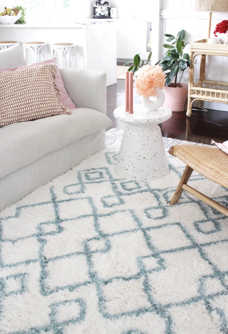 Miss Amara Jaira Ivory And Turquoise Blue Tribal Shag Rug