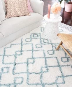 Miss Amara Jaira Ivory And Turquoise Blue Tribal Shag Rug