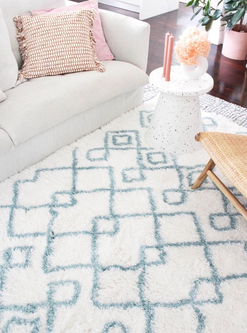 Miss Amara Jaira Ivory And Turquoise Blue Tribal Shag Rug