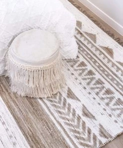 Miss Amara All Rugs Marilia White And Natural Jute Blend Tribal Print Rug