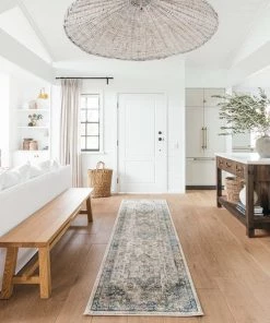 Miss Amara Rhona Blue And Grey Distressed Floral Runner Rug