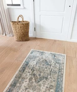 Miss Amara Rhona Blue And Grey Distressed Floral Runner Rug