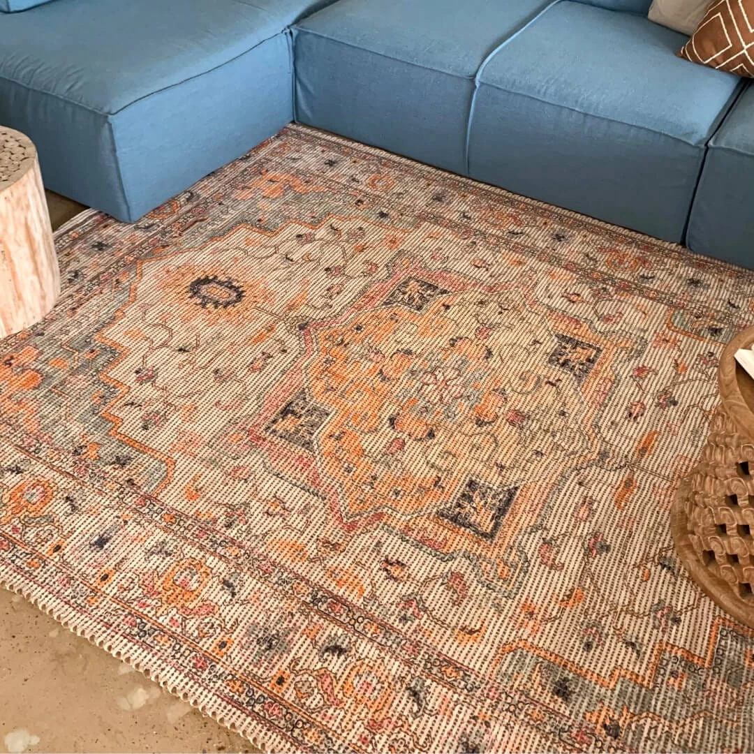 Miss Amara Zola Blue Orange And Yellow Floral Distressed Rug