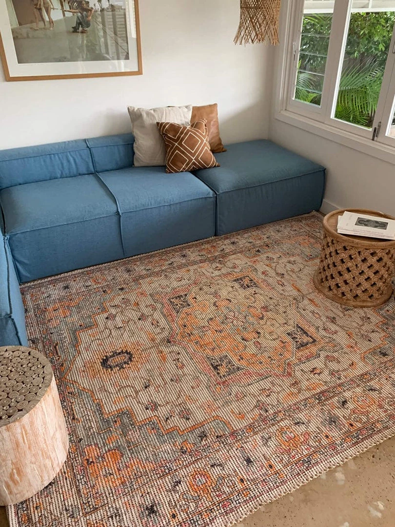 Miss Amara Zola Blue Orange And Yellow Floral Distressed Rug